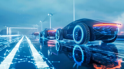 Futuristic autonomous cars on smart highway in rain