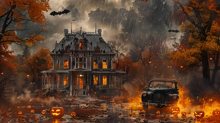 haunted house with dark creep, happy Halloween, Generative Ai