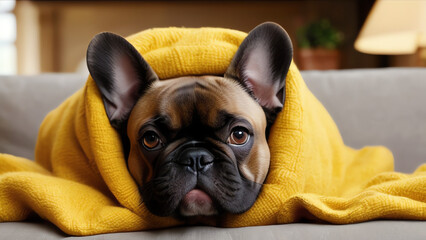 A cute realistic little black fat French bulldog using a yellow blanket on a sofa in a comfortable living room background
