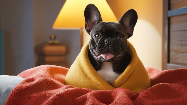 A realistic cute little fat black French bulldog using a yellow blanket on a bed with a comfortable bedroom in the background