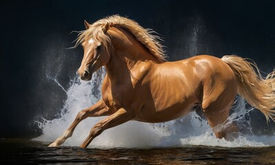 A graceful chestnut horse strides through water with elegance, its movement captured against a contrasting dark scene. AI generation - obrazy, fototapety, plakaty