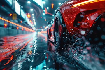 close-up of a car racing wheel in high-speed motion. Dark spots streak across the detailed tread as it spins. Cyberpunk-style lights and a smoky atmosphere create a sense of mystery. - obrazy, fototapety, plakaty
