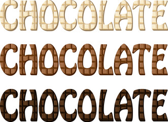 A set of texts from multi-colored chocolate.Vector illustration with white, milk and black chocolate text on a transparent background.