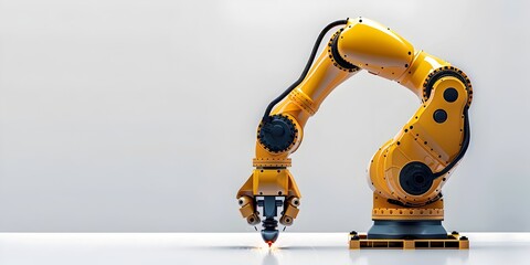 A yellow robotic arm character is shown welding or fabricating an object in a factory setting The arm is a key part of an automated