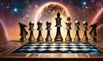 A conceptual image of a chessboard with its pieces lined up, set against an awe-inspiring cosmic background with celestial bodies. AI generation