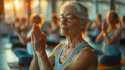 Elderly woman performing the namaste gesture with concentration during a yoga class in a peaceful setting.
