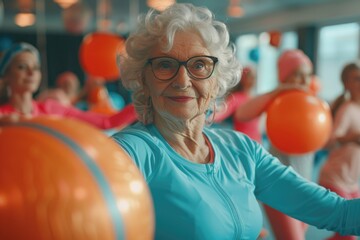An elder woman with glasses smiles while exercising with an orange fitness ball in a gym class.

