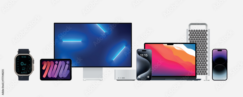 Poster Set mockups device screen mockup collection, big realistic set mock up TV, computer, laptop, tablet, smartphone and watch with shadow. Notebook mockup and phone device mockup for ui ux app and website