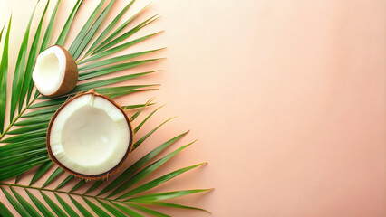 Tropical Serenity: Coconut & Palm on Pink. Halved coconut with lush palm leaf on a pastel pink...