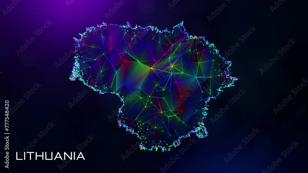 Poster futuristic motion reveal lithuania map polygonal blue purple colorful connected lines and dots netwo
