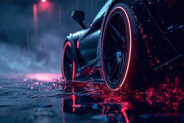 Hyper-detailed close-up of a car racing wheel, its dark surface covered in spots. The wheel spins rapidly, reminiscent of an animated GIF. Cyberpunk city lights bleed into the background, - obrazy, fototapety, plakaty