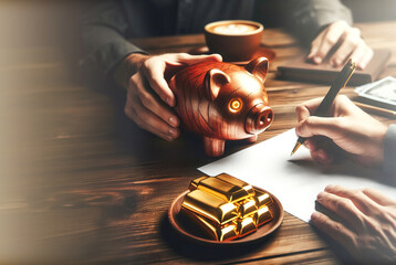 Photo of two men in a meeting, one signing banking documents while the other holds the wooden piggy...