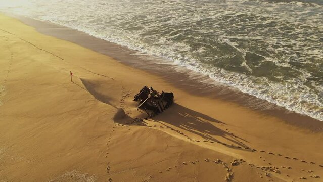 ship aground on the beach, La Pedrera, rocha, uruguay, playa del barco. Drone video