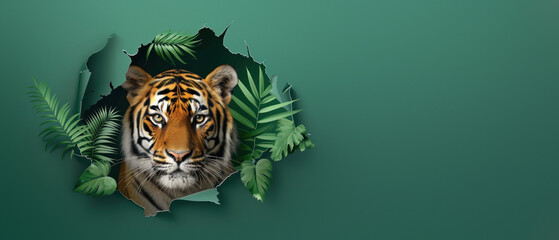 A fierce tiger head bursts through a green backdrop signifying wildness and freedom amidst a digital art concept