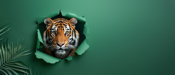 This composition shows a tiger face mid-emerge from a torn paper effect on green, exuding concentration and purpose - obrazy, fototapety, plakaty