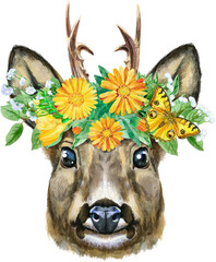 Watercolor portrait of a roe deer in a wreath of flowers on white background - 777548828