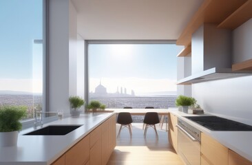 Fototapeta premium Kitchen with wide angle view of a vibrant city in the windows, interior architecture, rendered in octane