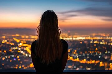 Woman stands by a window, looking out at city lights, in thought, a moment of introspection and inner exploration. - obrazy, fototapety, plakaty