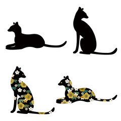 座る猫、寝そべる猫　花模様　ポーズ　イラストセット