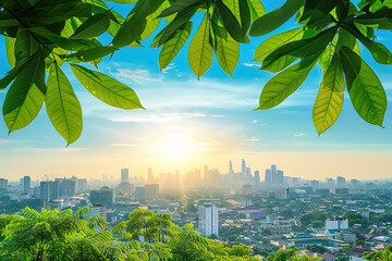 An urban skyline overshadowed by lush greenery, contrast between nature and city life in a bustling metropolis.