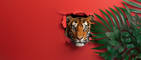 An intense close-up shows a tiger ripping through a red paper effect, with tropical leaves framing
