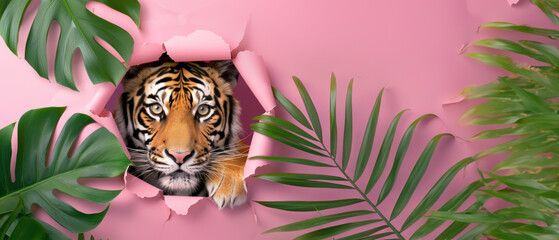 A majestic tiger's face emerges through a ripped pink paper background, framed by tropical leaves