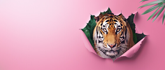 An intense tiger gazes out as it breaks through a pink paper, surrounded by sharp leaves