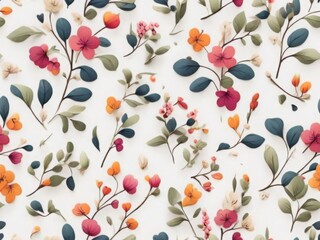 seamless pattern colorful small flowers branch leave on white background
