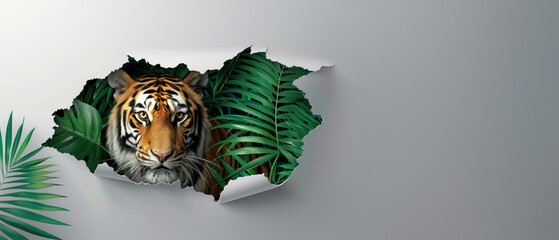 A fierce Bengal tiger breaks the plane of a white surface adorned with jungle leaves