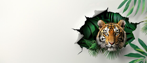 An impactful image of a tiger's face looking through what appears to be a torn hole surrounded by foliage on a white backdrop