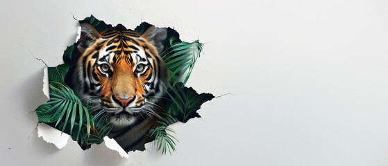 A captivating image showcasing a realistic tiger's head bursting through a white background with a paper tear effect and lush green foliage