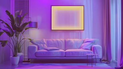 an aesthetically pleasing AI-generated visual of a stylish living room, complete with a purple backdrop, mockup frame, and an isolated sofa attractive look
