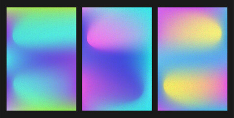 Set of abstract grainy blur background. Vertical posters with textured neon gradient. Backdrop with bright mesh. Vector illustration