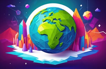 illustration featuring planet Earth on a low poly style background	
