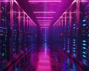 Cloud computing servers in a data center with lights blinking in sequence - obrazy, fototapety, plakaty