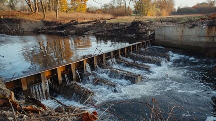 Old wooden bridge over the river in autumn. Waterfall in the fall.