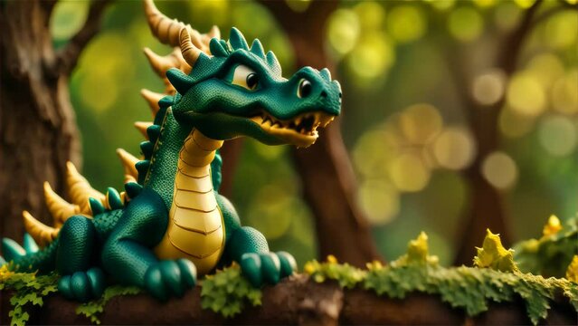 A whimsical toy dragon perched on a tree branch, set against a bokeh background of magical forest light