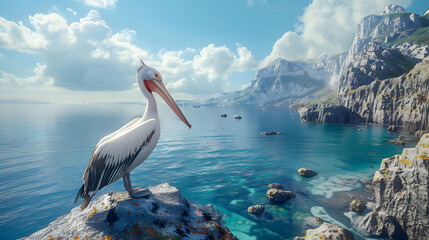 Regal pelican standing tall on a rocky shoreline, framed by rugged cliffs and a serene, azure ocean stretching to the horizon