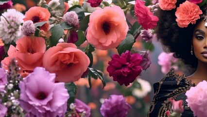 Cinematic summer themedbeautiful black queen covered in flowers elegant 4k aesthetic