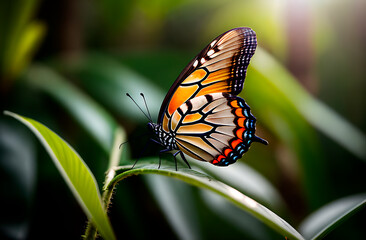Obraz premium Close up of a beautiful tropical butterfly with folded wings on a green leaf.