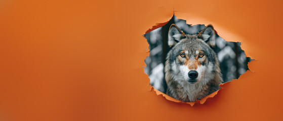 The intense gaze of a wolf through a jagged cutout on an orange background showcases its wild essence