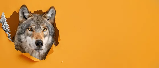 Foto op Aluminium This striking illustration captures a wolf mid-gaze, tearing through a sheet of orange paper, suggesting curiosity and exploration © Fxquadro