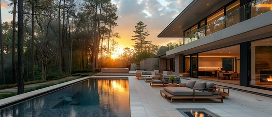Contemporary grey outdoor furniture surrounding fire pit on residential terrace at sunset. Concept Outdoor Furniture, Fire Pit, Residential Terrace, Sunset, Contemporary Design