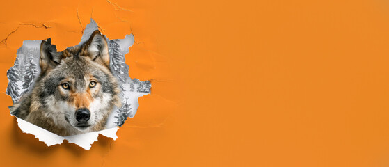 A graphic illustration of a wolf tearing through a solid orange wall surface with a menacing look