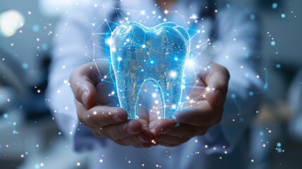 A poised dentist confidently holds a sleek, futuristic dental health interface, adorned with vibrant tooth illustrations. The blend of tradition and innovation promises advanced oral care.
