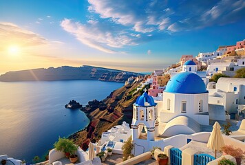 Beautiful sunset over Oia village on Santorini island, Greece