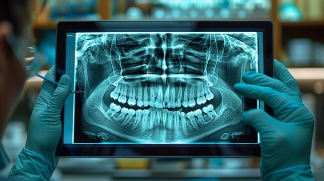 With focused intent, gloved hands manipulate the digital screen, dissecting the dental X-ray's intricate details, mapping a patient's oral landscape with meticulous precision.
