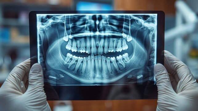 A dentist's skilled hands, clad in gloves, deftly navigate the digital interface, deciphering the dental X-ray's complexities with expert finesse, decoding oral health nuances.

