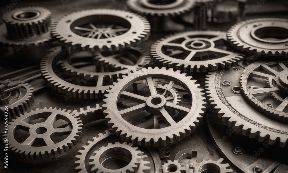 Poster a sepia-toned close-up of interlocking gears and cogs, highlighting the intricacy of mechanical desi