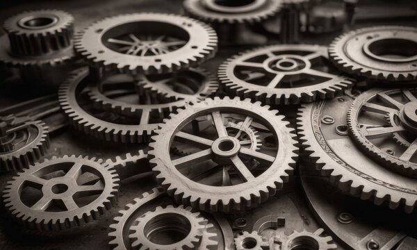 A sepia-toned close-up of interlocking gears and cogs, highlighting the intricacy of mechanical design and engineering. AI generation